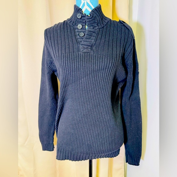 Calvin Klein Jeans Mens Button Mock Neck Black Ribbed Sweater size L - Picture 1 of 4